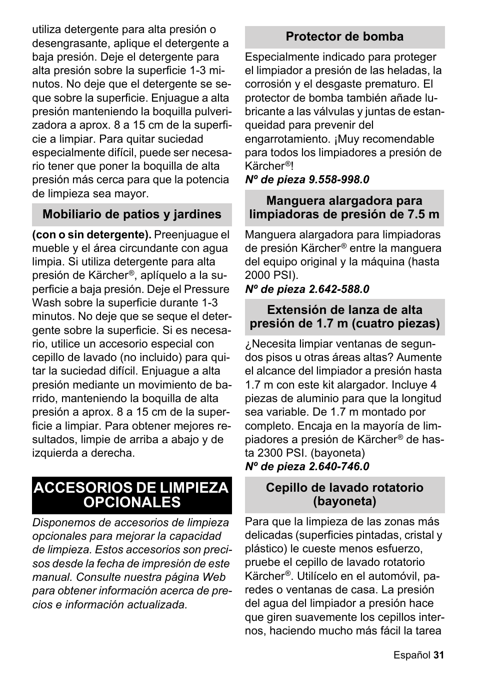 Accesorios de limpieza opcionales | Karcher K 3-48 M Plus User Manual | Page 31 / 56