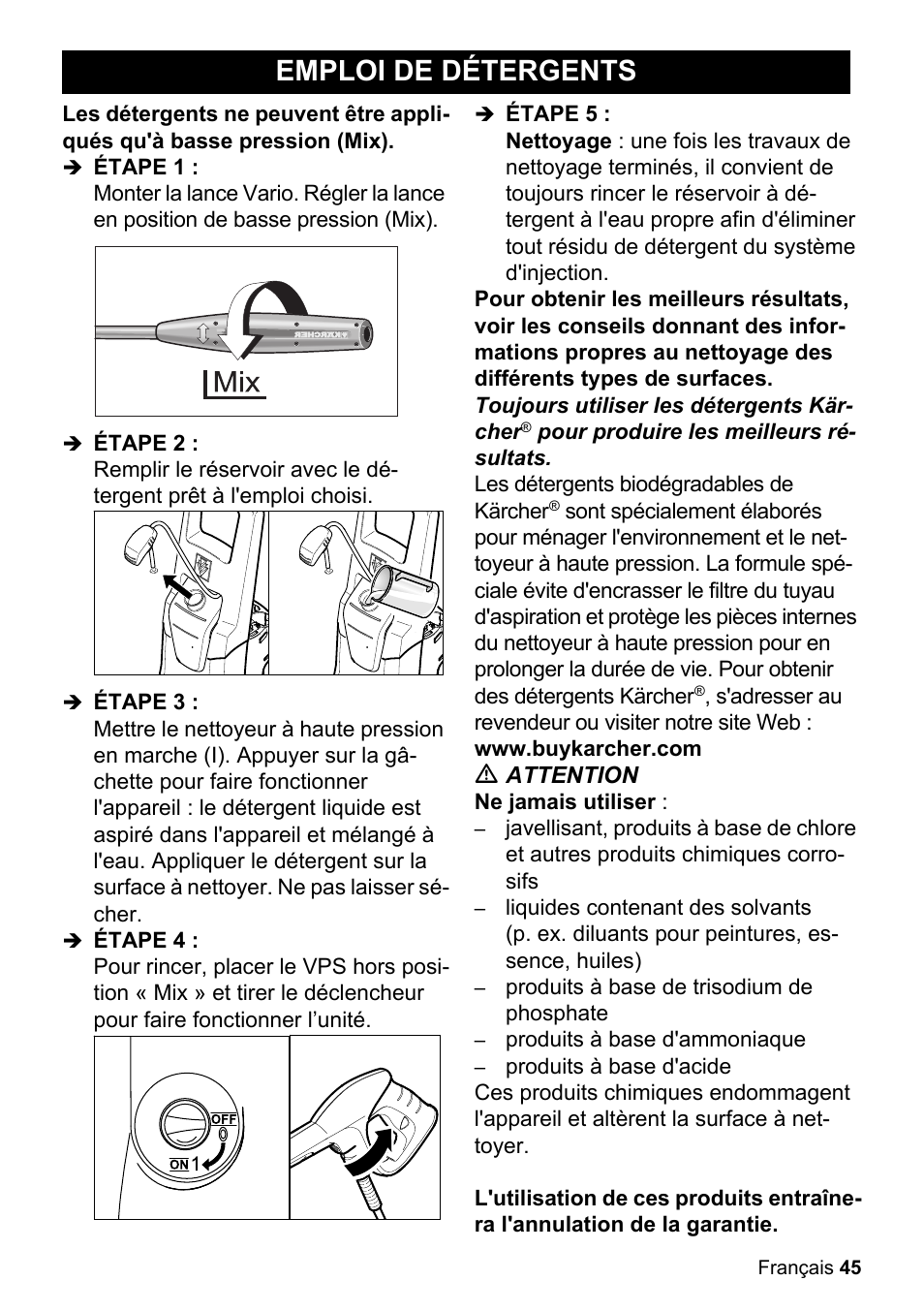 Emploi de détergents | Karcher K 3-48 M Plus User Manual | Page 45 / 56