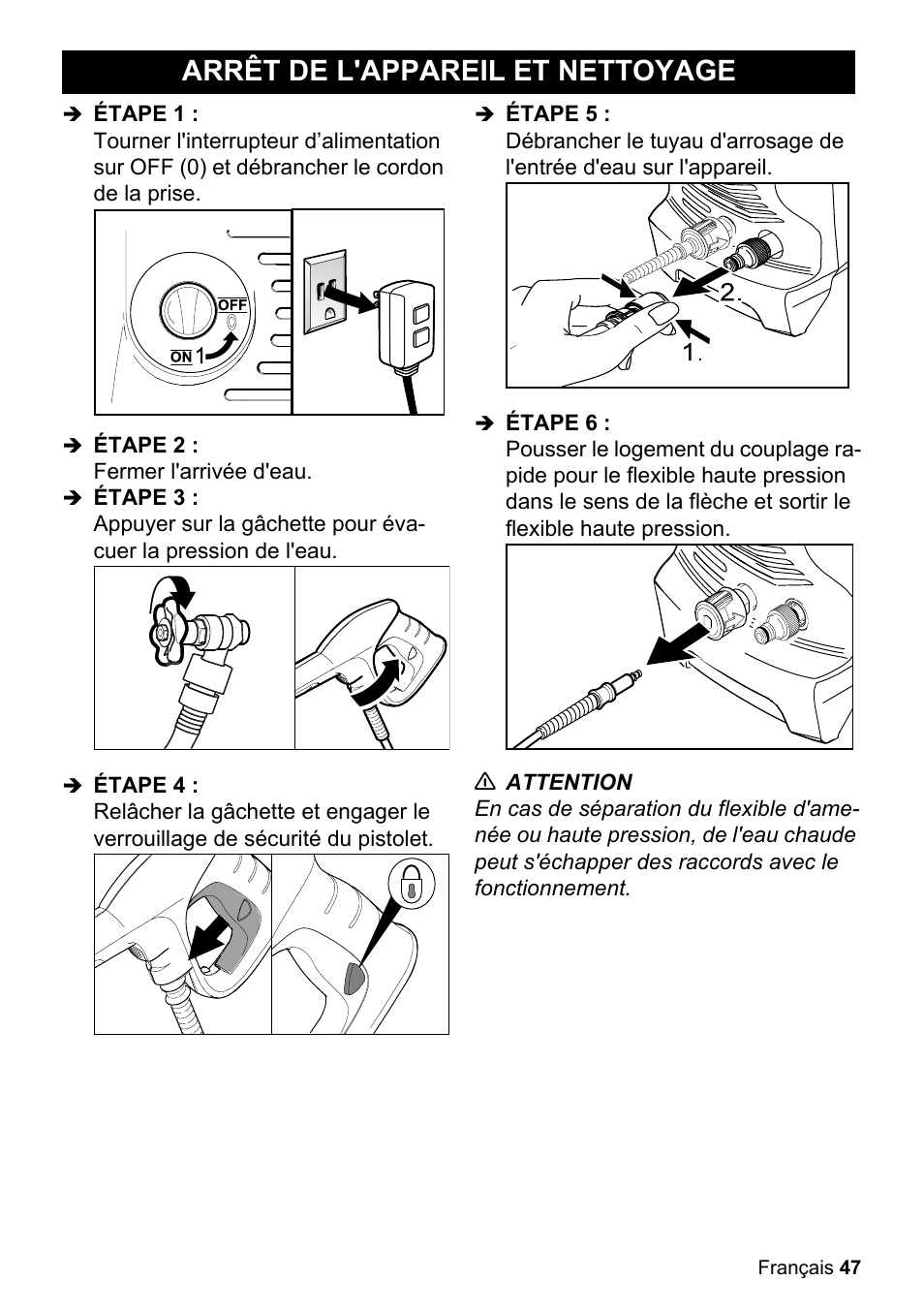 Arrêt de l'appareil et nettoyage | Karcher K 3-48 M Plus User Manual | Page 47 / 56