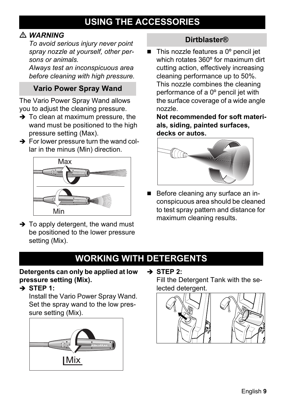 Using the accessories, Working with detergents | Karcher K 3-48 M Plus User Manual | Page 9 / 56