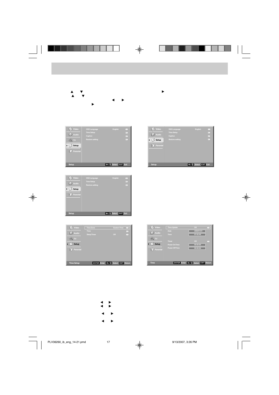 Tv setup, Setup menu, Time setup setting | Audiovox FPE2607 User Manual | Page 18 / 22