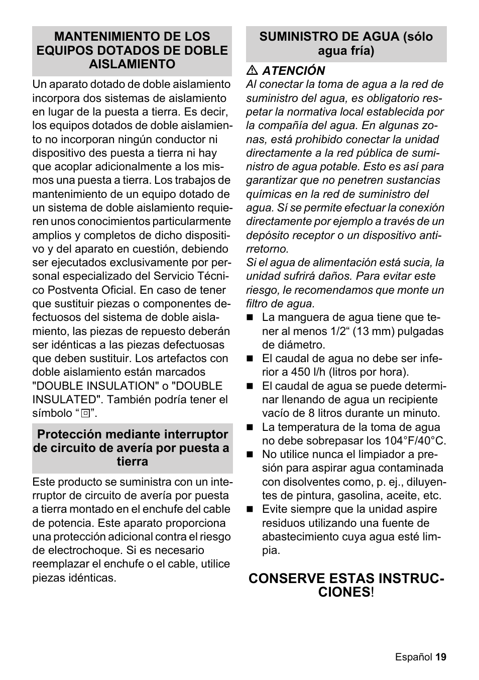 Conserve estas instruc- ciones | Karcher K 2-150 User Manual | Page 19 / 48