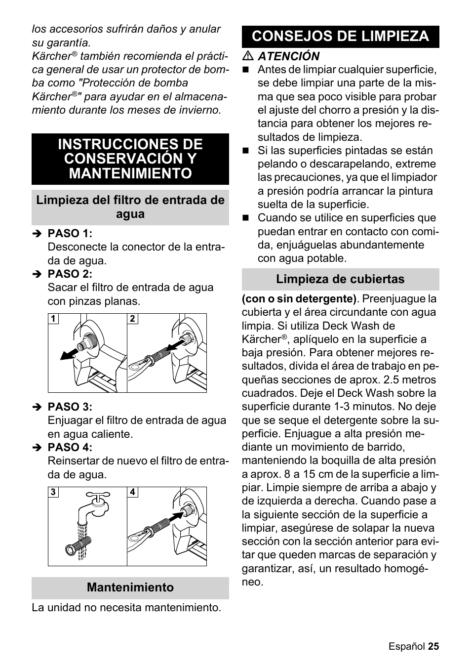 Instrucciones de conservación y mantenimiento, Consejos de limpieza | Karcher K 2-150 User Manual | Page 25 / 48