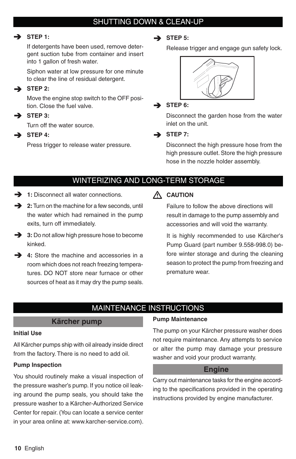 Shutting down & clean-up, Kärcher pump engine maintenance instructions, Winterizing and long-term storage | Karcher G 3050 OHC User Manual | Page 10 / 42