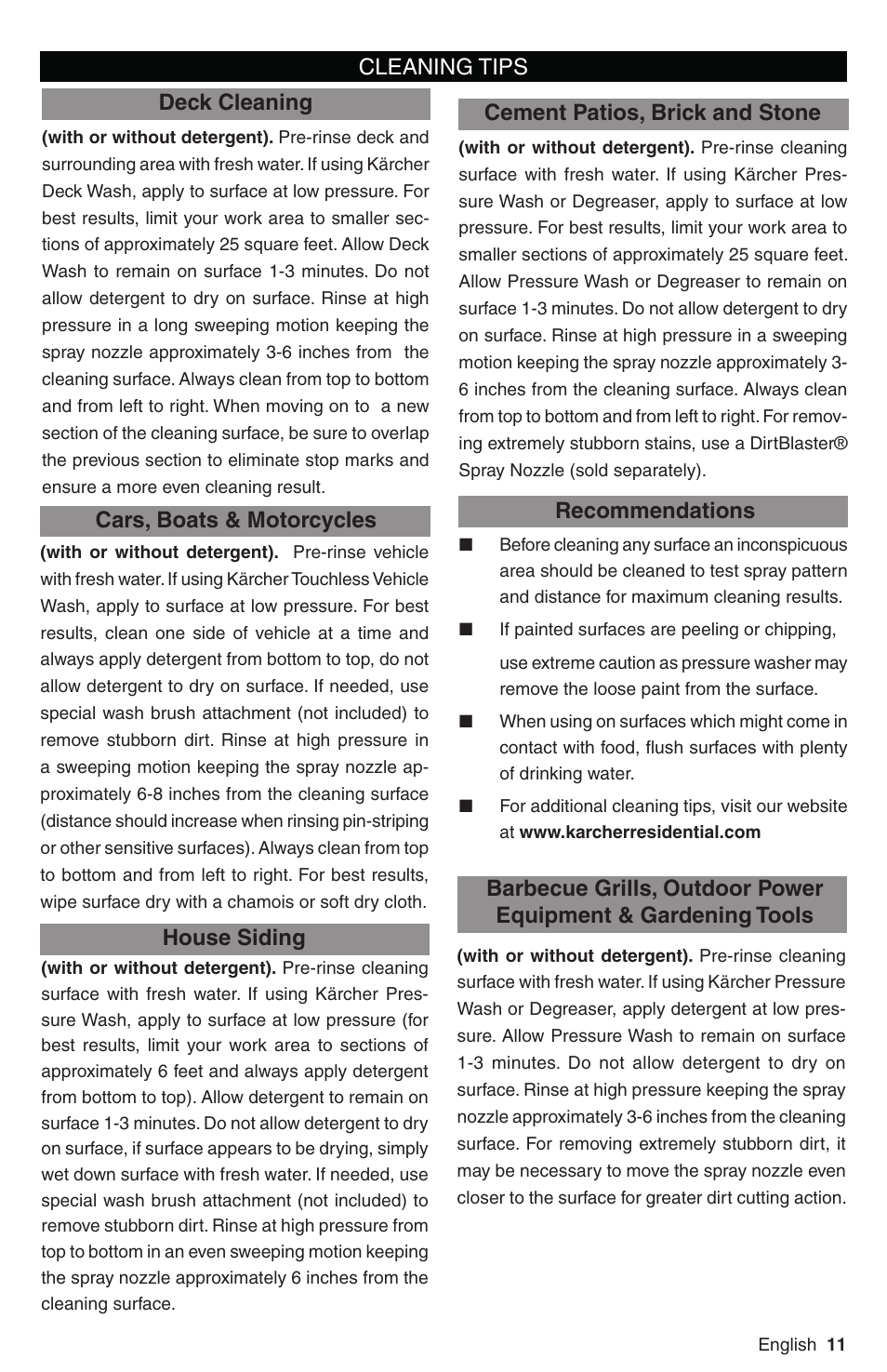 Cleaning tips, Deck cleaning house siding, Recommendations | Karcher G 3050 OHC User Manual | Page 11 / 42