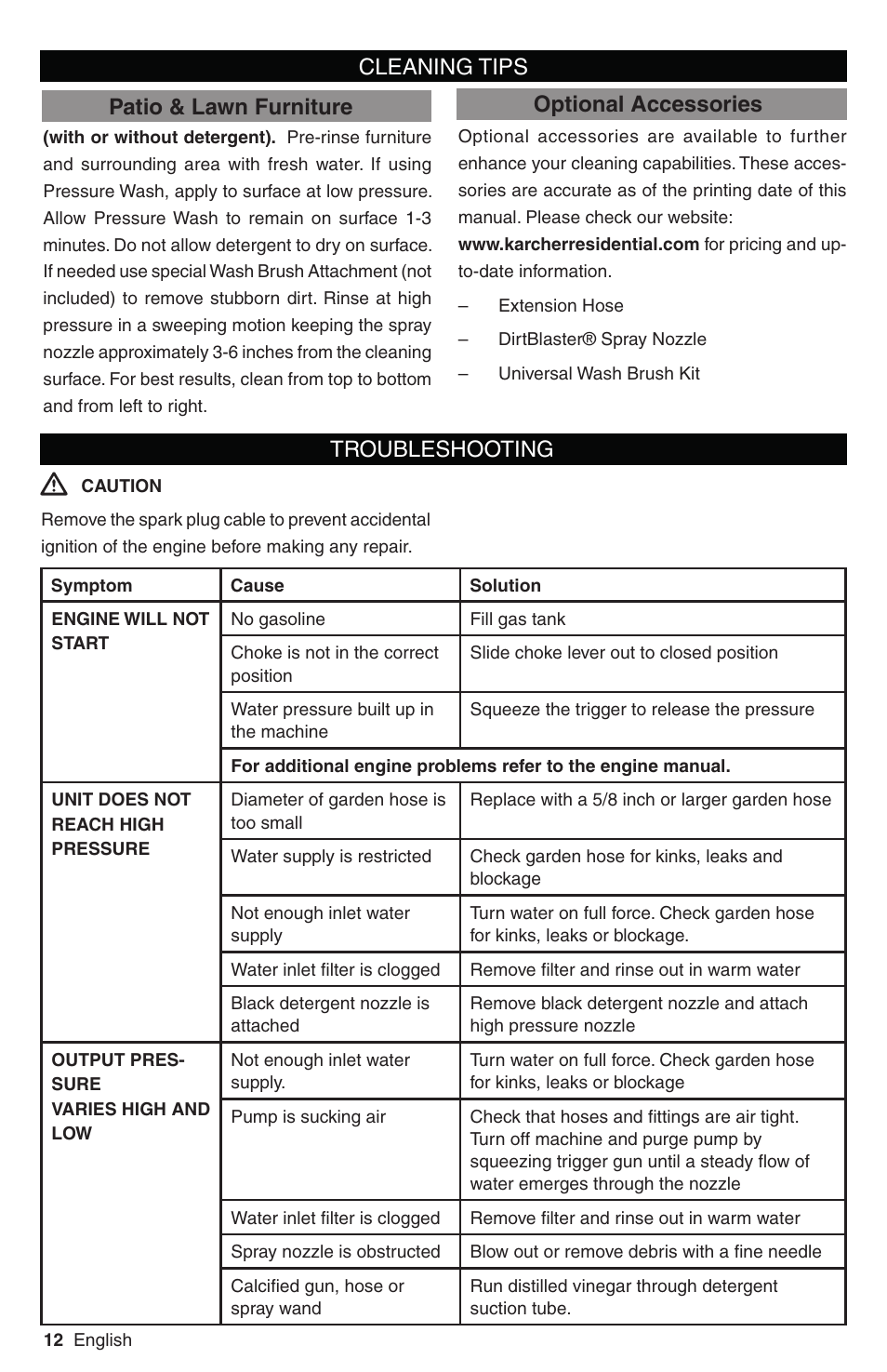 Cleaning tips, Patio & lawn furniture, Optional accessories | Troubleshooting | Karcher G 3050 OHC User Manual | Page 12 / 42