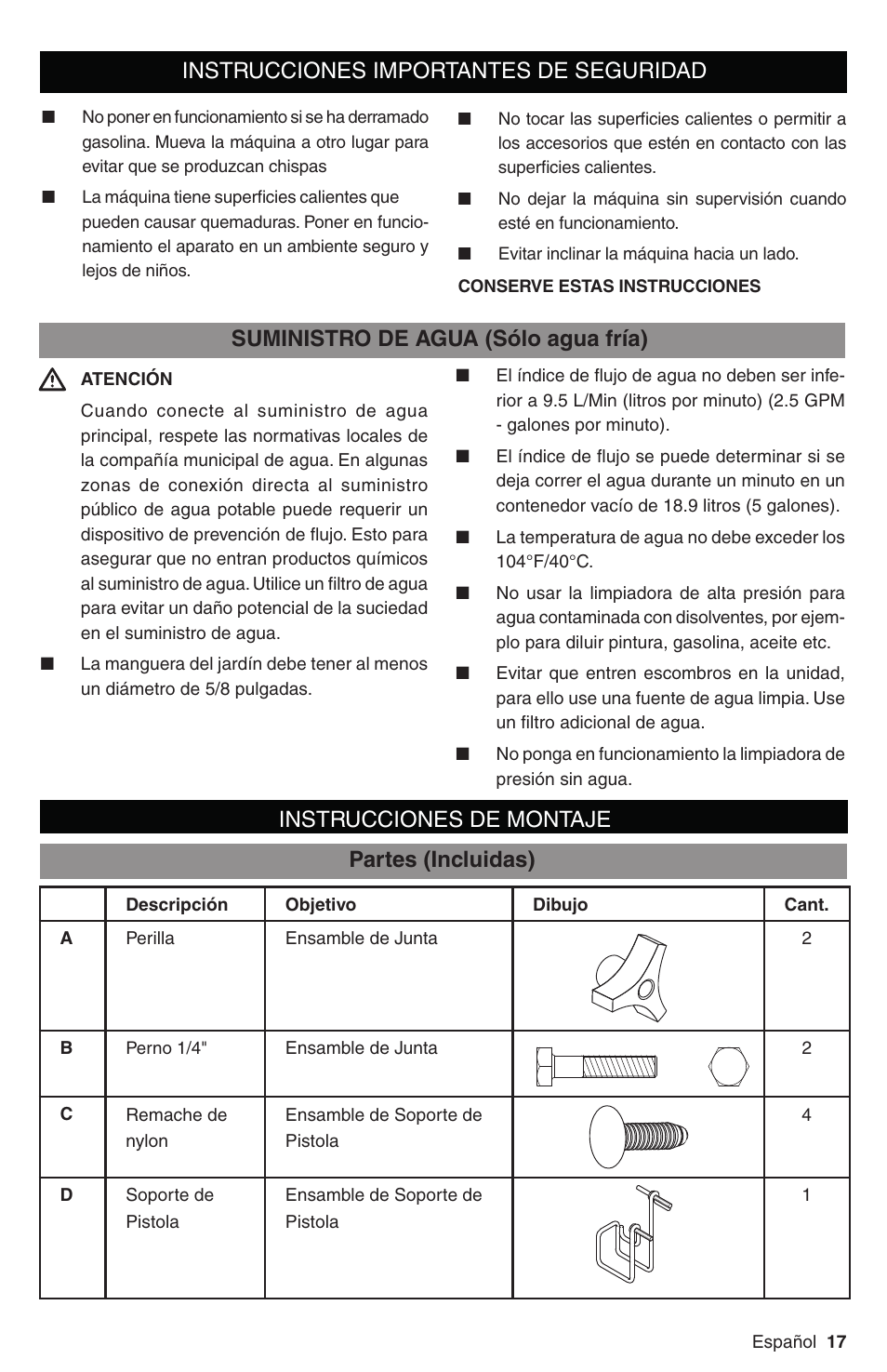 Instrucciones importantes de seguridad, Suministro de agua (sólo agua fría), Instrucciones de montaje partes (incluidas) | Karcher G 3050 OHC User Manual | Page 17 / 42