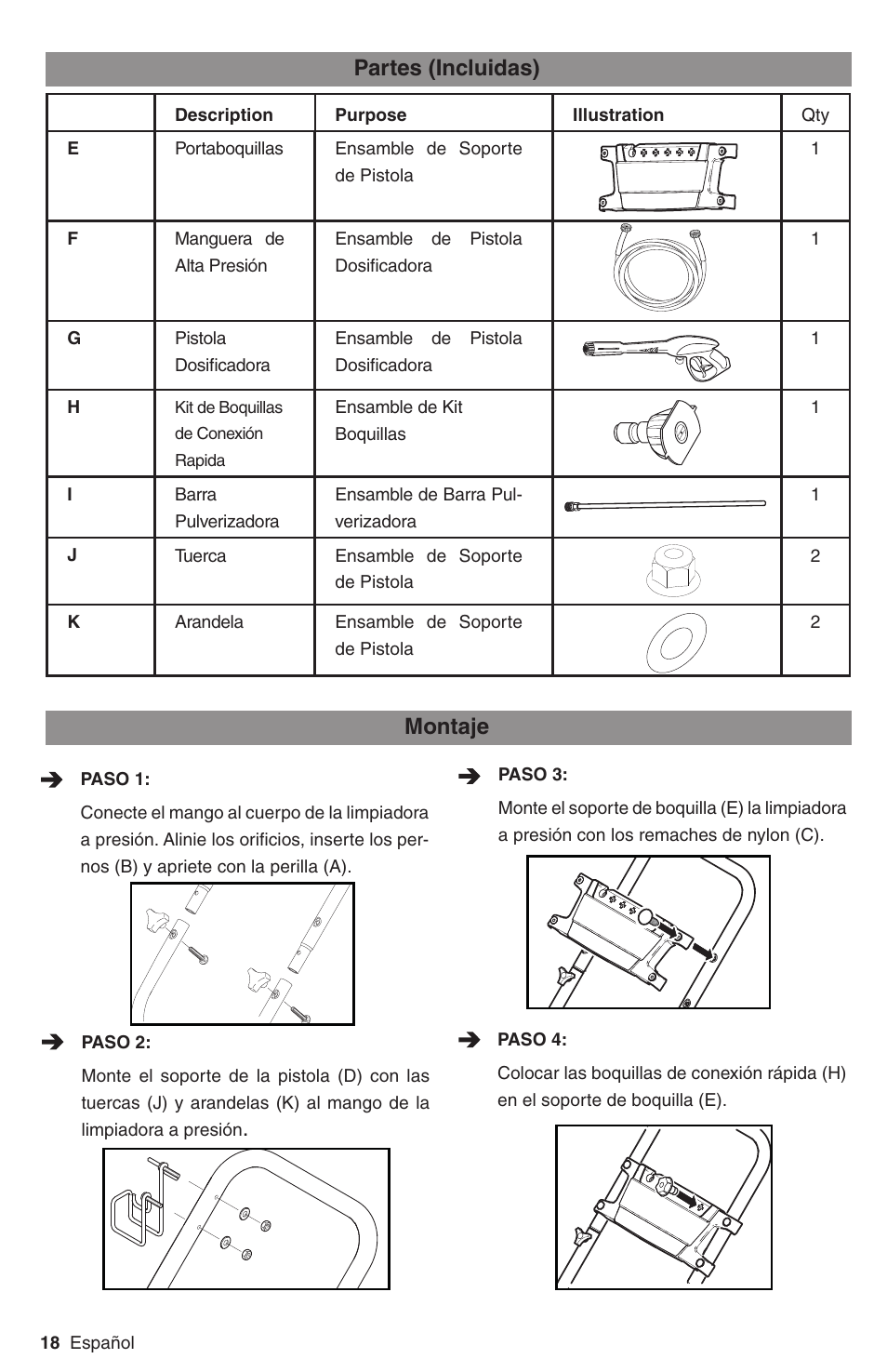 Partes (incluidas) montaje | Karcher G 3050 OHC User Manual | Page 18 / 42