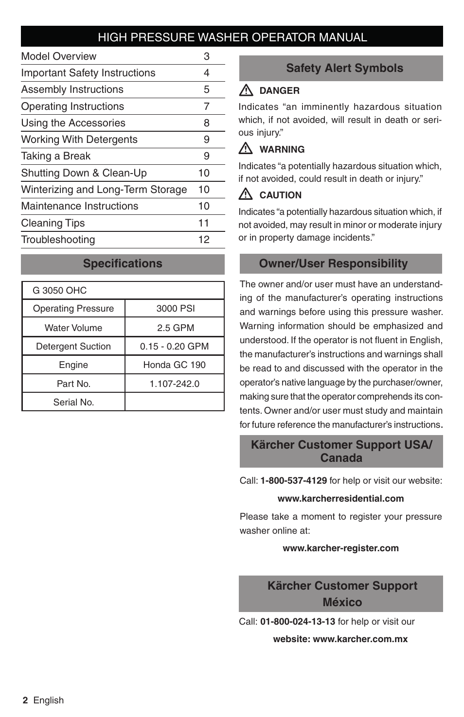 Owner/user responsibility safety alert symbols | Karcher G 3050 OHC User Manual | Page 2 / 42