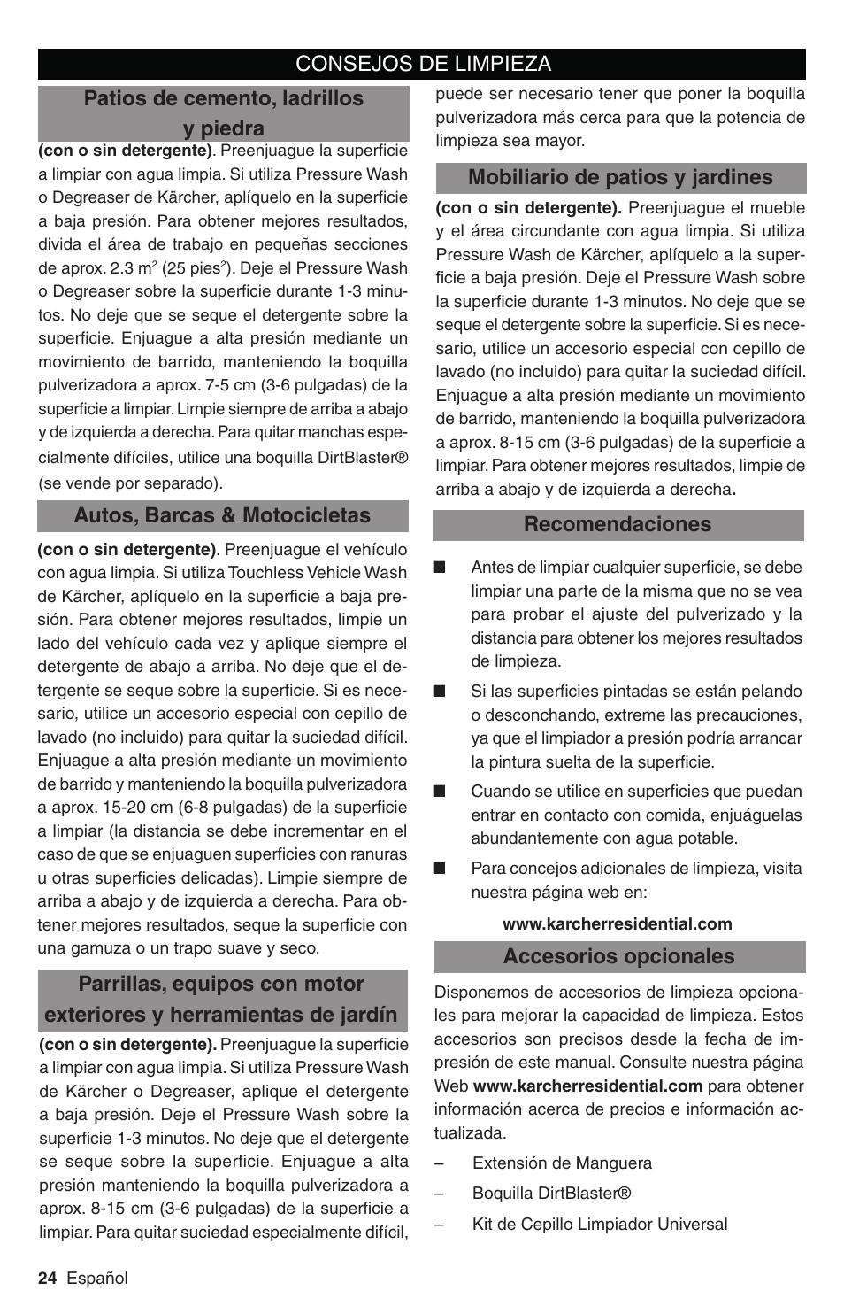 Recomendaciones accesorios opcionales, Patios de cemento, ladrillos y piedra | Karcher G 3050 OHC User Manual | Page 24 / 42