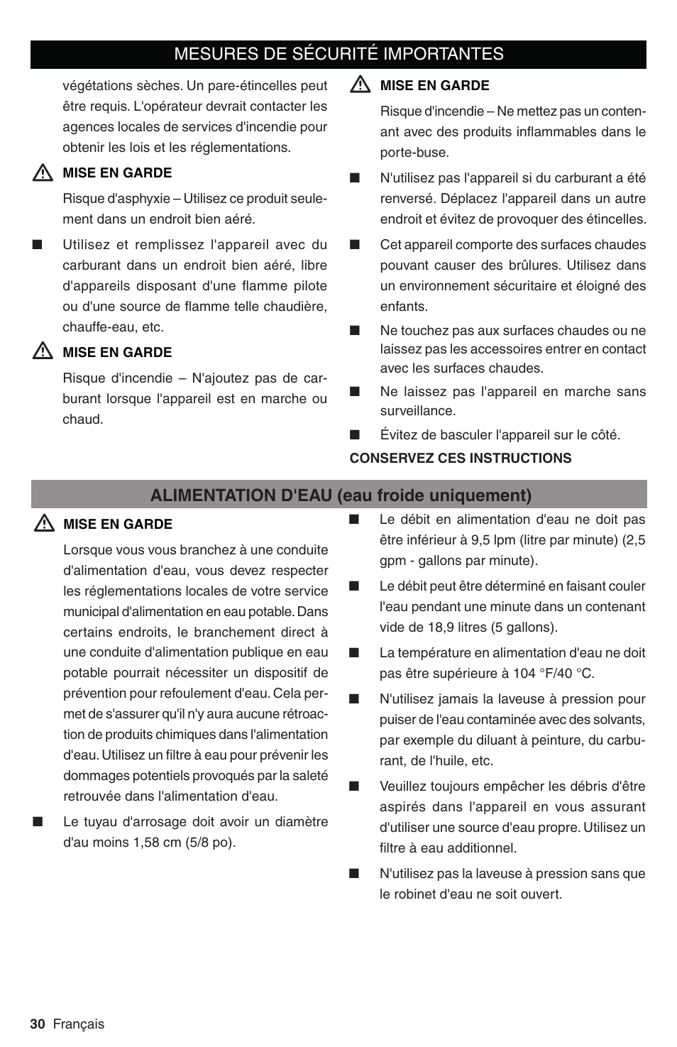 Alimentation d'eau (eau froide uniquement), Mesures de sécurité importantes | Karcher G 3050 OHC User Manual | Page 30 / 42