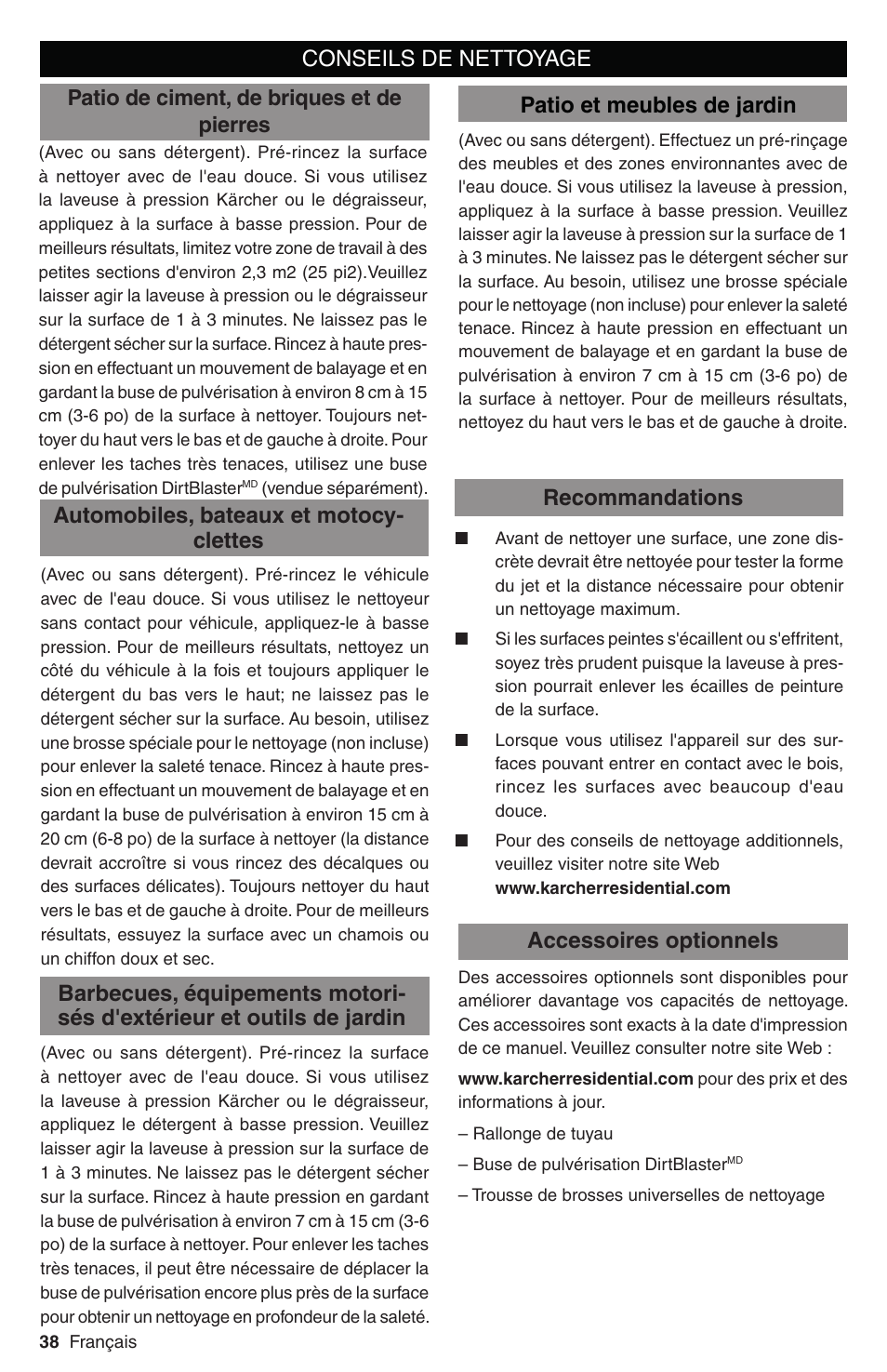 Recommandations, Accessoires optionnels, Patio et meubles de jardin | Patio de ciment, de briques et de pierres | Karcher G 3050 OHC User Manual | Page 38 / 42