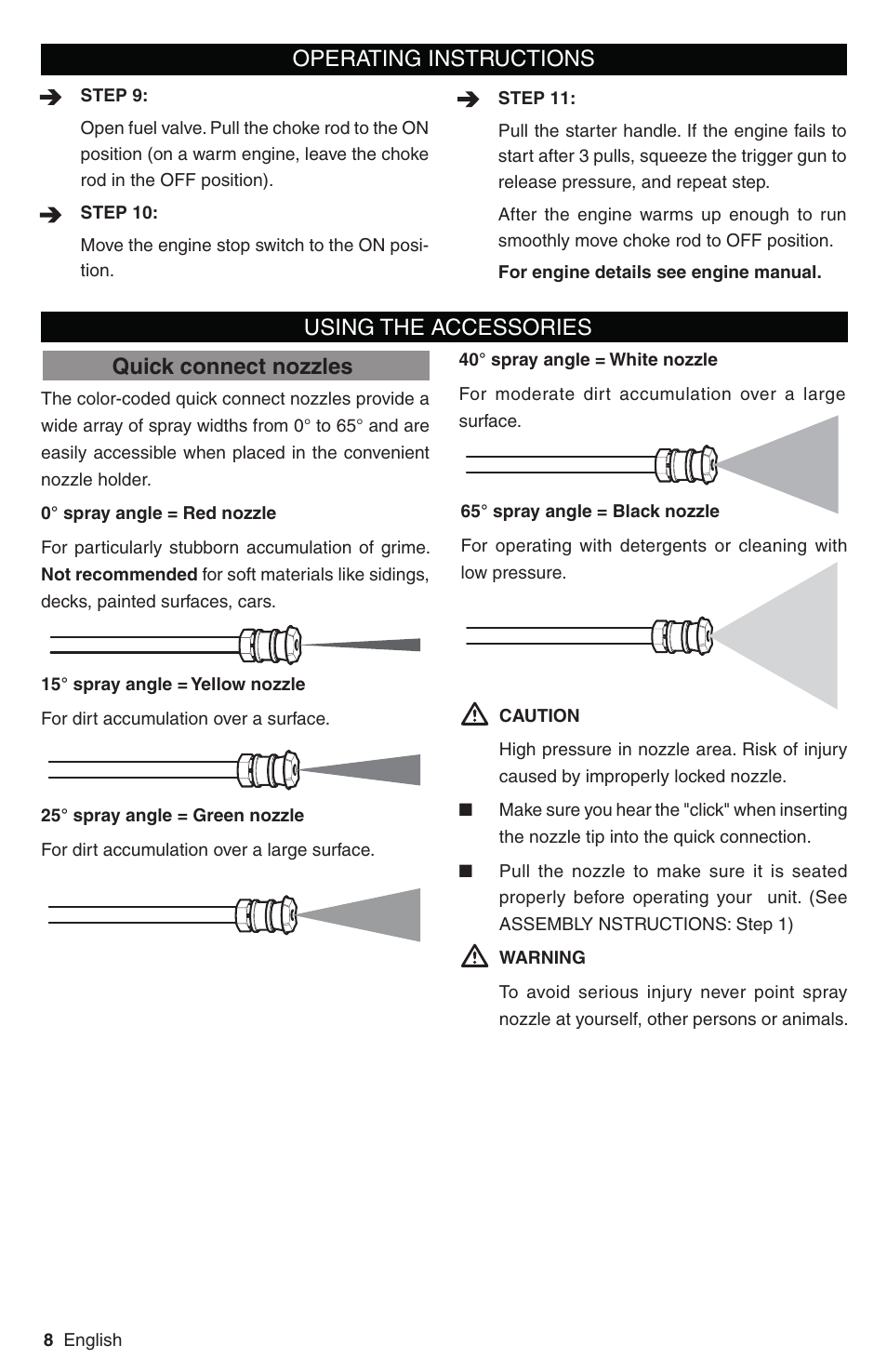 Operating instructions using the accessories, Quick connect nozzles | Karcher G 3050 OHC User Manual | Page 8 / 42