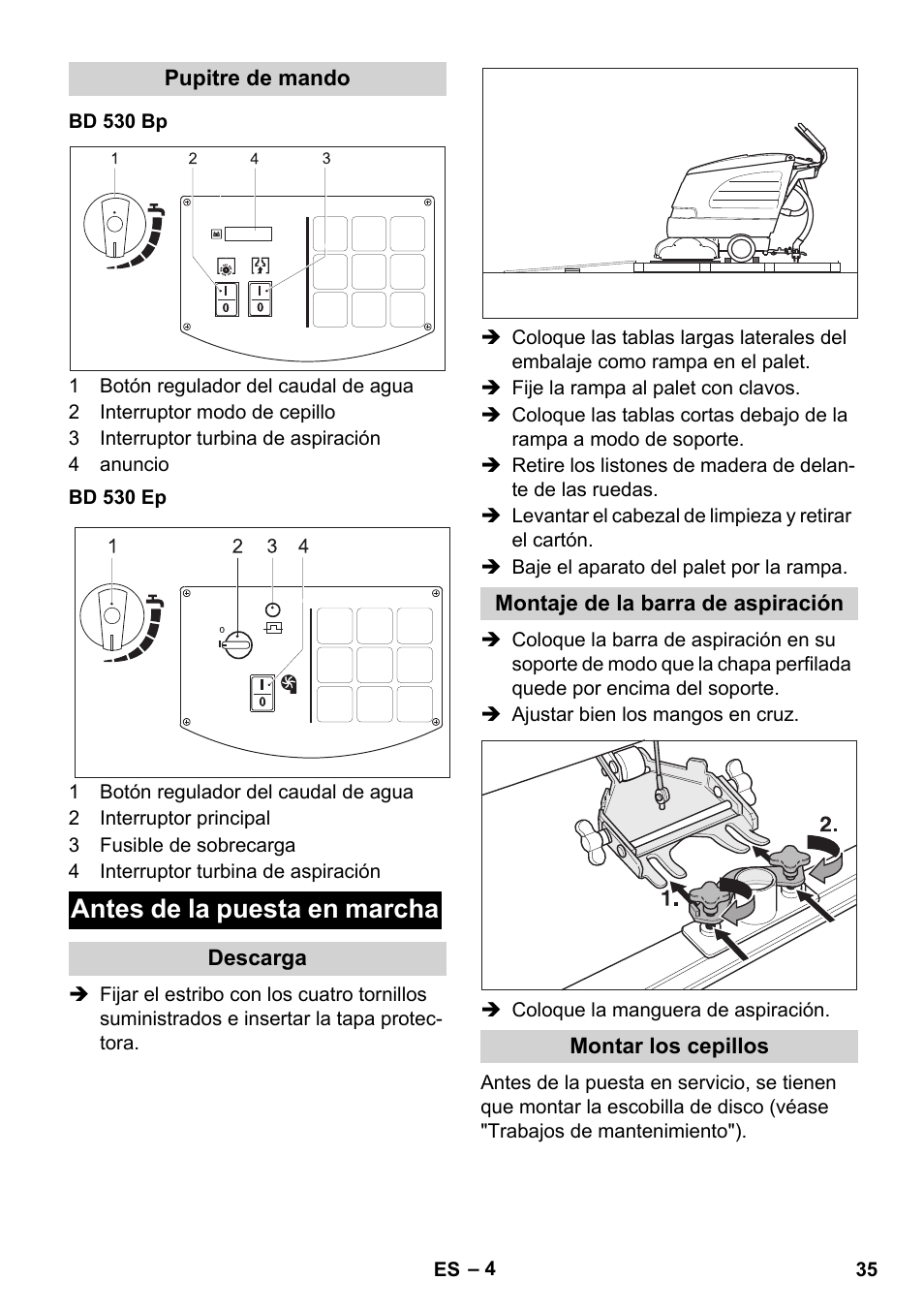 Antes de la puesta en marcha | Karcher BD 530 Bp User Manual | Page 35 / 124