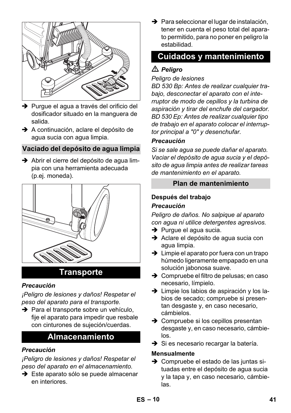 Transporte almacenamiento cuidados y mantenimiento | Karcher BD 530 Bp User Manual | Page 41 / 124