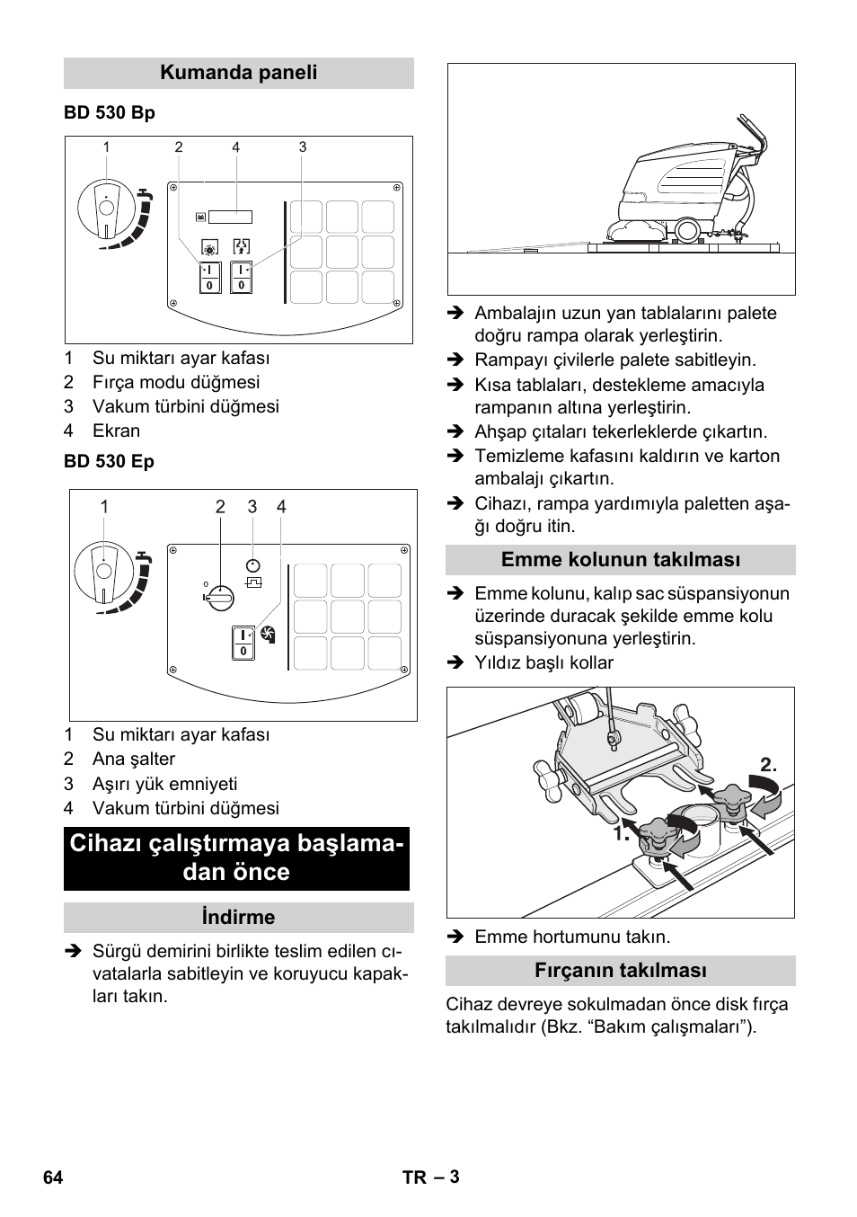 Cihazı çalıştırmaya başlama- dan önce | Karcher BD 530 Bp User Manual | Page 64 / 124