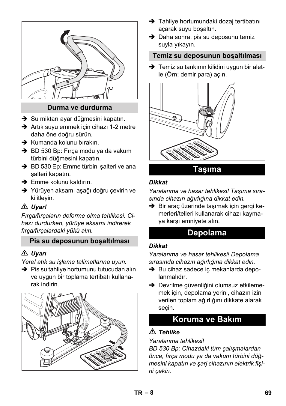 Taşıma depolama koruma ve bakım | Karcher BD 530 Bp User Manual | Page 69 / 124