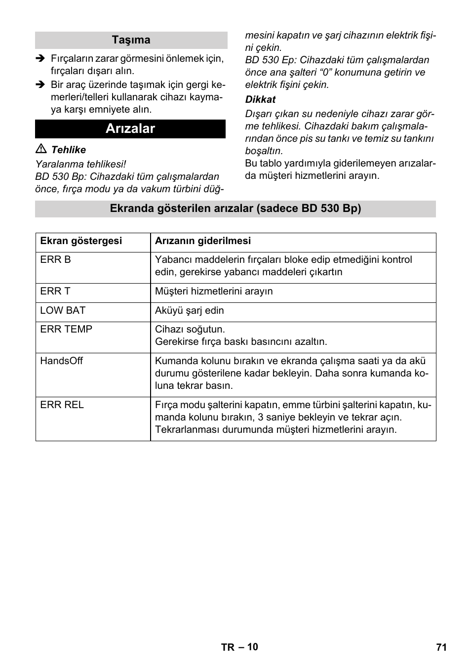 Arızalar | Karcher BD 530 Bp User Manual | Page 71 / 124