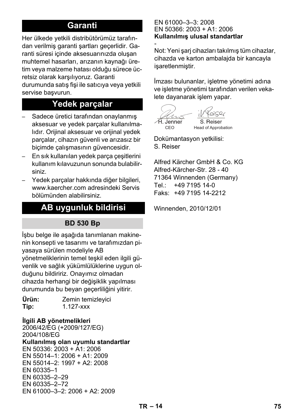 Garanti yedek parçalar ab uygunluk bildirisi | Karcher BD 530 Bp User Manual | Page 75 / 124