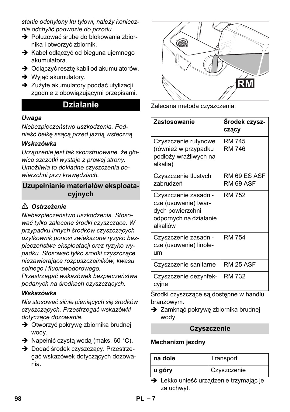 Działanie | Karcher BD 530 Bp User Manual | Page 98 / 124