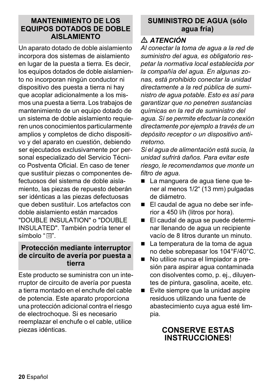 Conserve estas instrucciones | Karcher K 2-27 CCK User Manual | Page 20 / 52