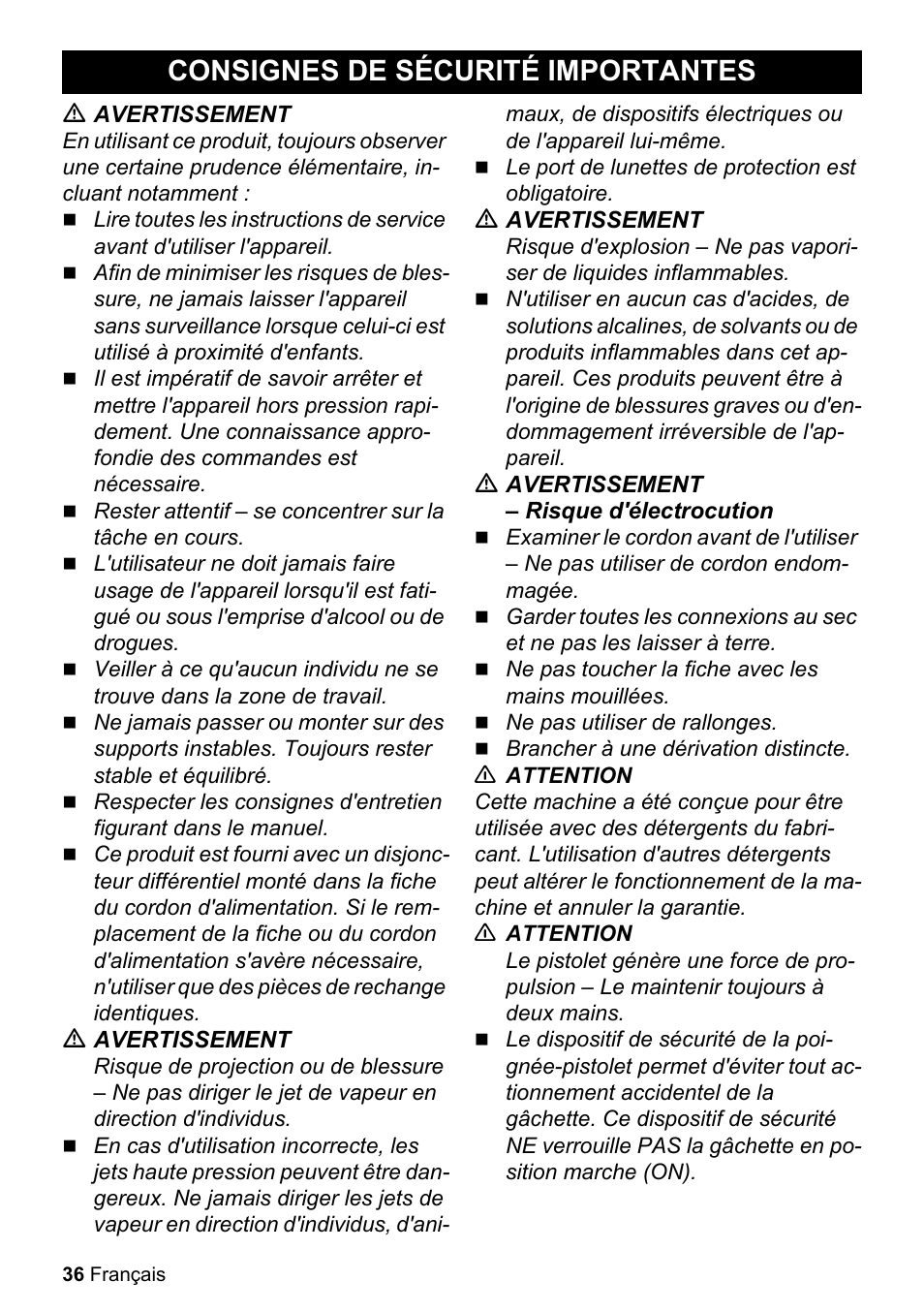 Consignes de sécurité importantes | Karcher K 2-27 CCK User Manual | Page 36 / 52