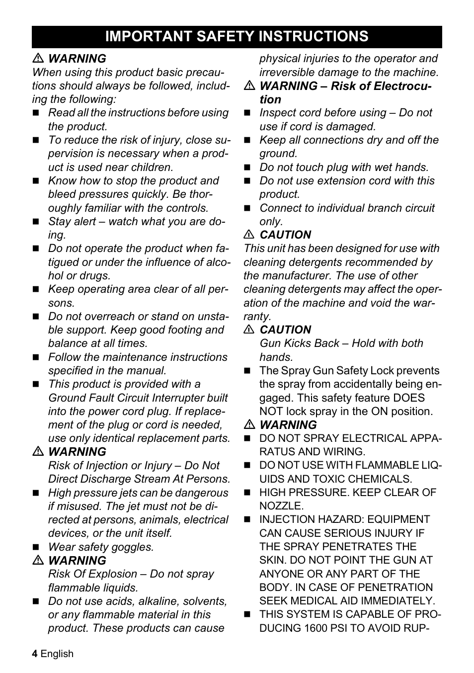 Important safety instructions | Karcher K 2-27 CCK User Manual | Page 4 / 52
