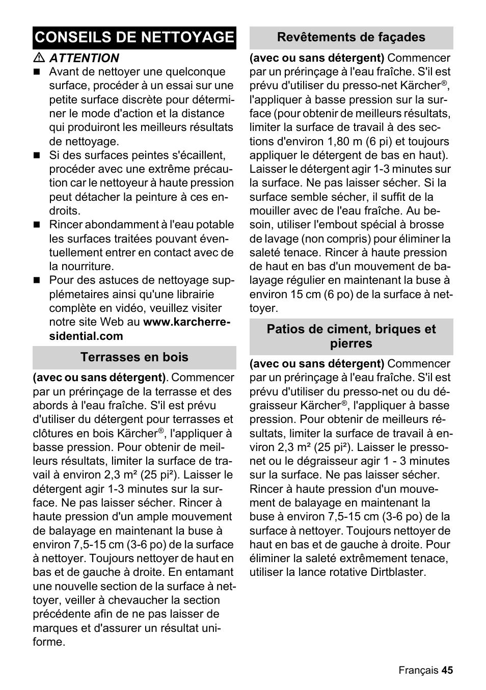 Conseils de nettoyage | Karcher K 2-27 CCK User Manual | Page 45 / 52