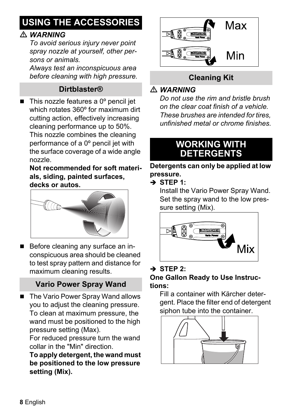 Using the accessories, Working with detergents | Karcher K 2-27 CCK User Manual | Page 8 / 52