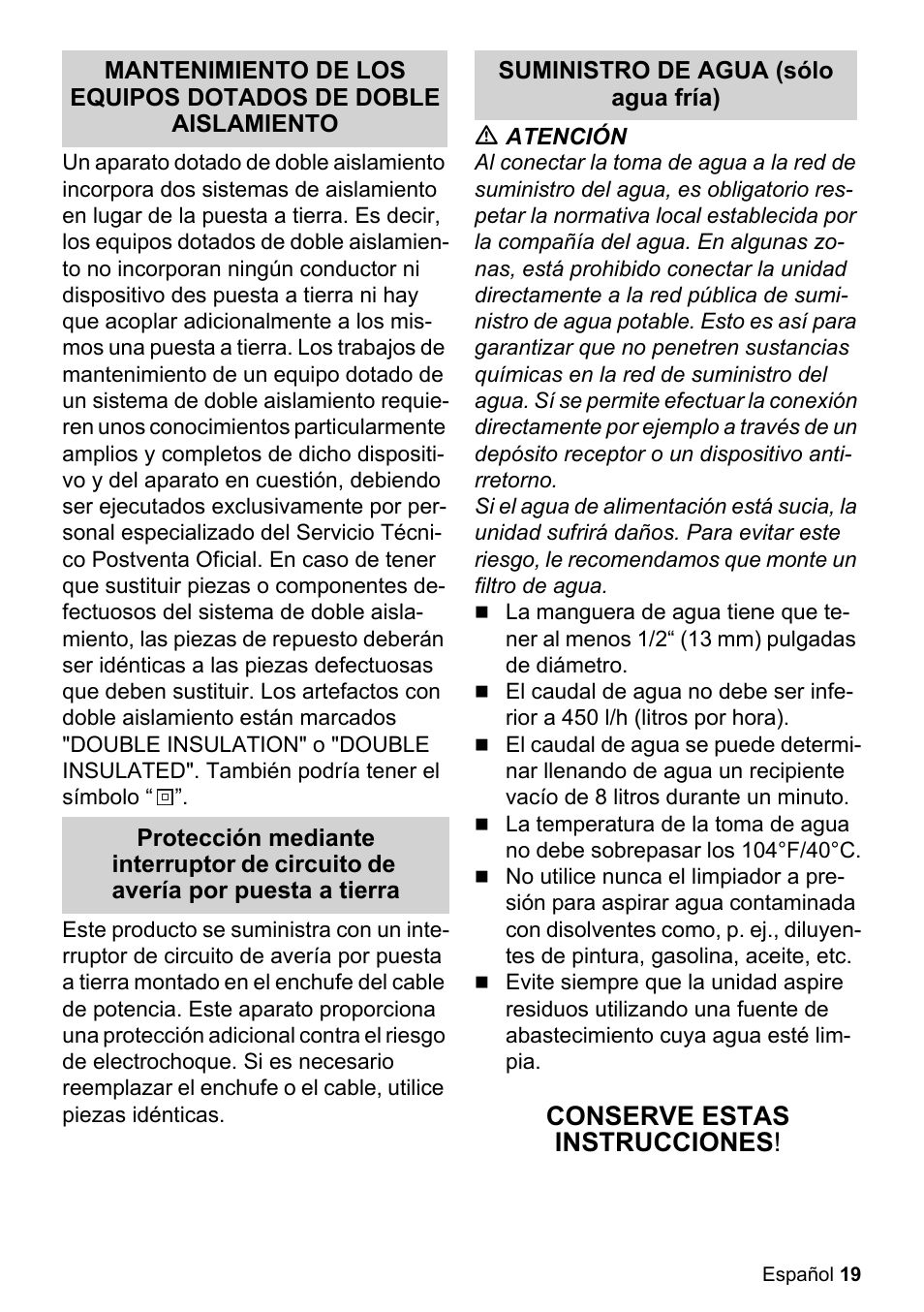 Conserve estas instrucciones | Karcher K 2-27 CCK User Manual | Page 19 / 48