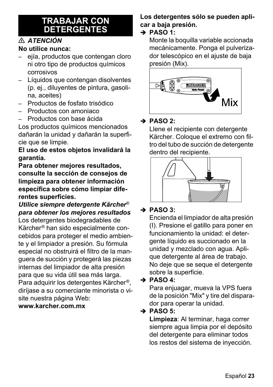 Trabajar con detergentes | Karcher K 2-27 CCK User Manual | Page 23 / 48