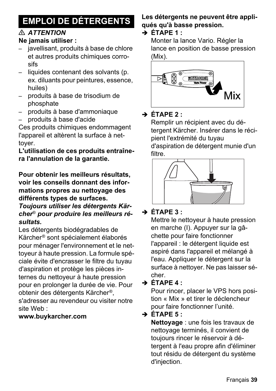 Emploi de détergents | Karcher K 2-27 CCK User Manual | Page 39 / 48