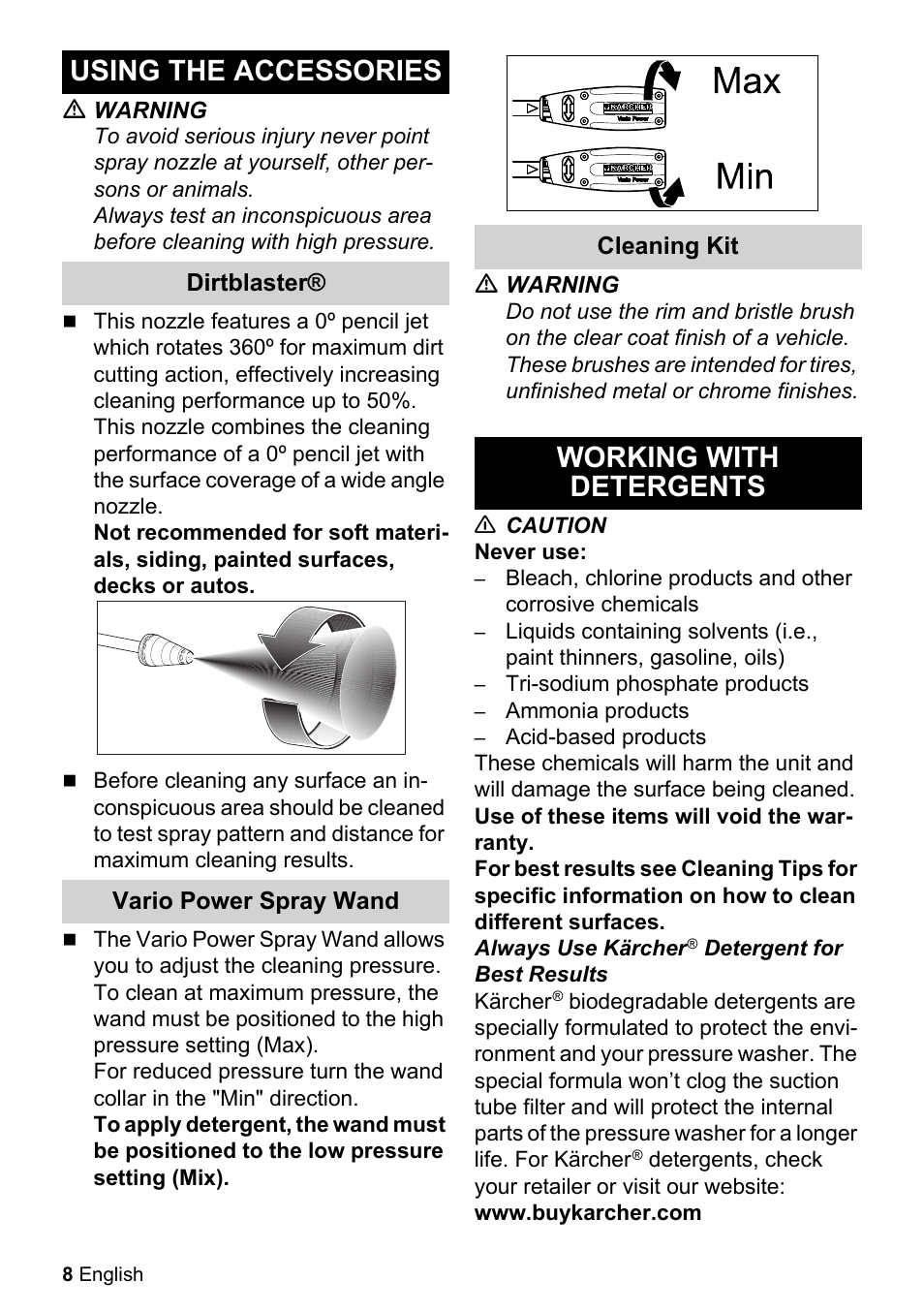 Using the accessories, Working with detergents | Karcher K 2-27 CCK User Manual | Page 8 / 48