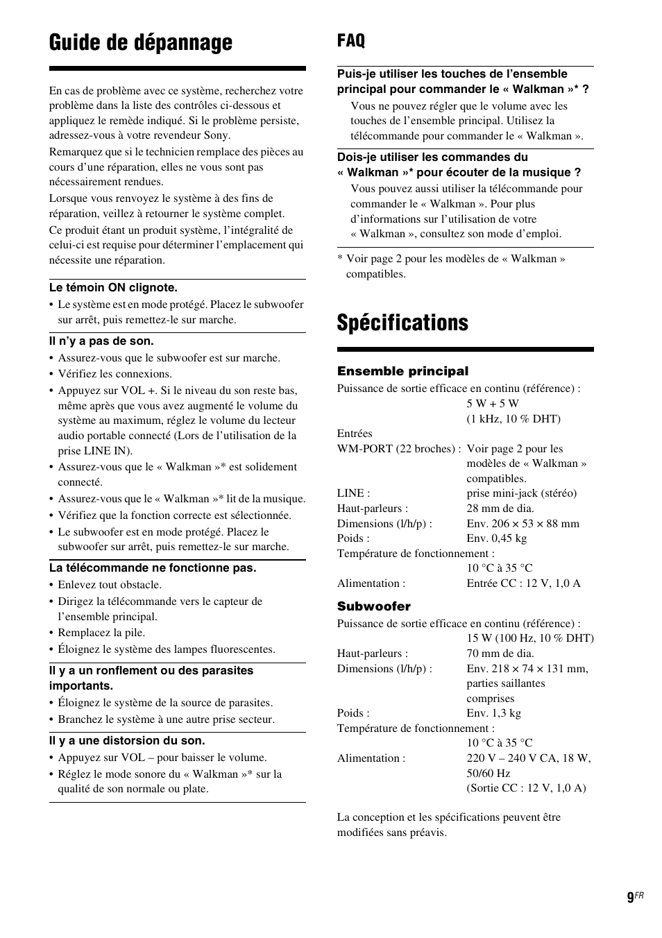 Guide de dépannage, Spécifications | Sony CPF-NW001 User Manual | Page 17 / 100