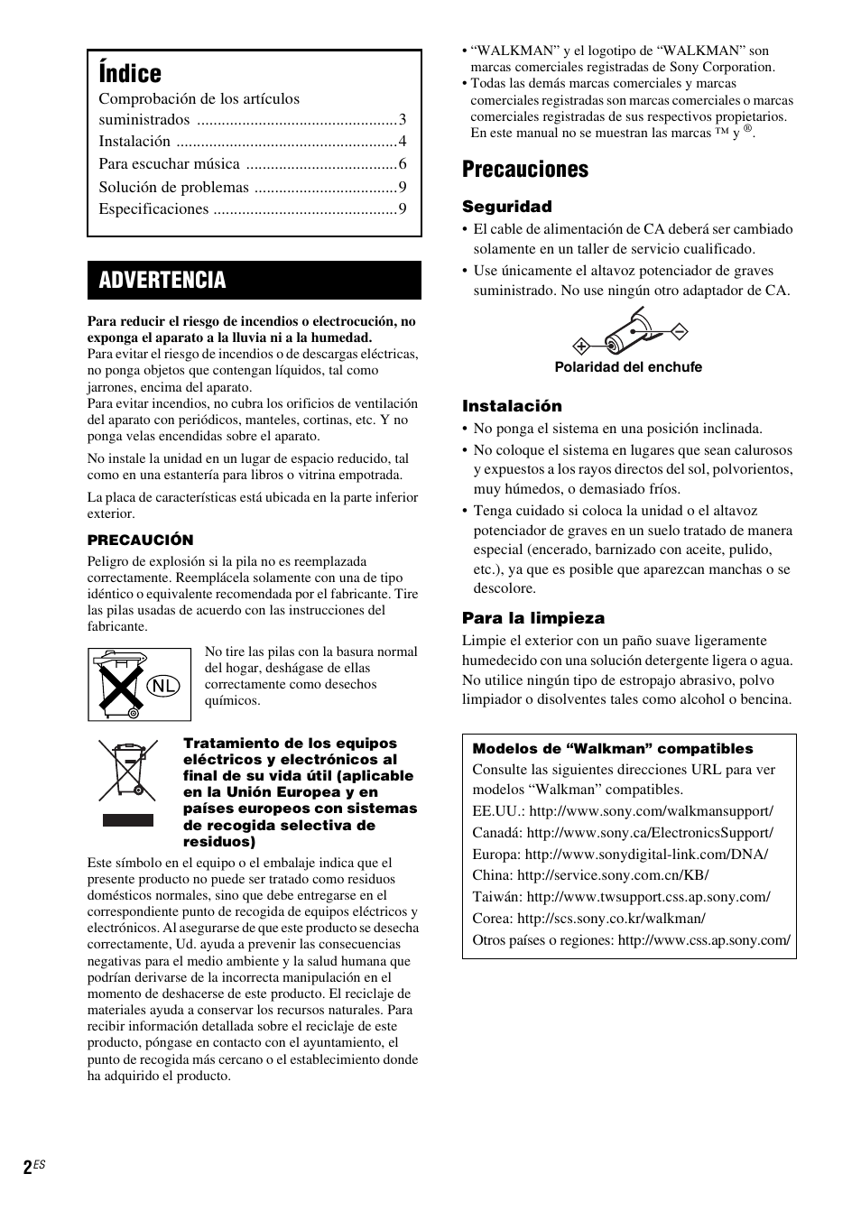 Índice, Precauciones, Advertencia | Sony CPF-NW001 User Manual | Page 18 / 100