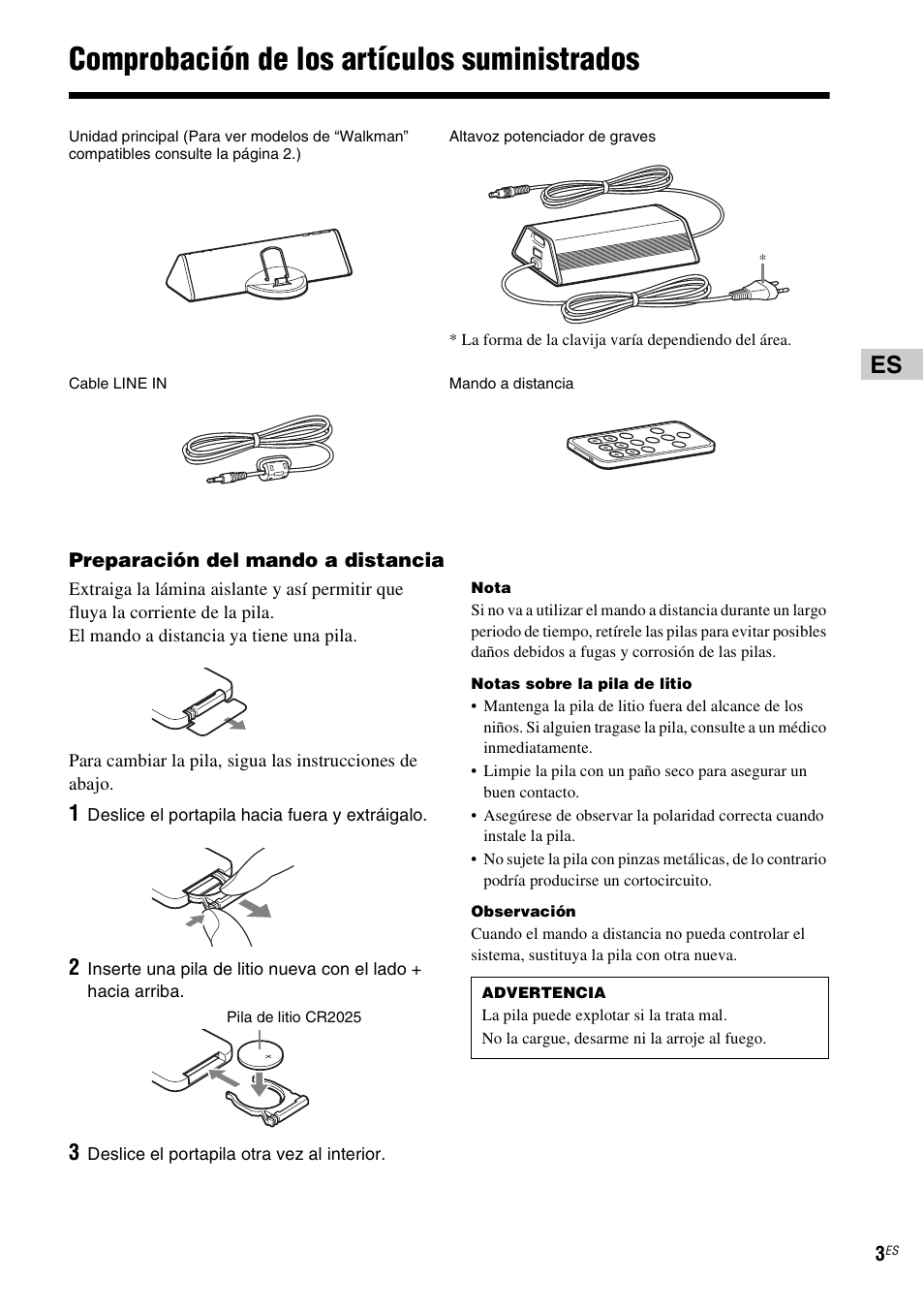 Comprobación de los artículos suministrados | Sony CPF-NW001 User Manual | Page 19 / 100