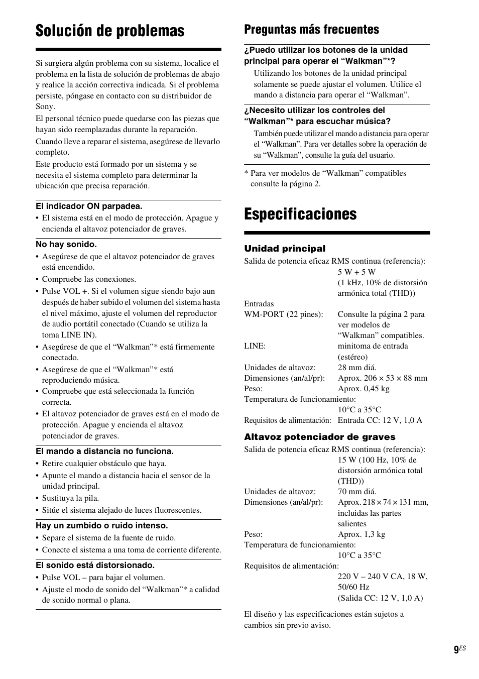 Solución de problemas, Especificaciones, Preguntas más frecuentes | Sony CPF-NW001 User Manual | Page 25 / 100