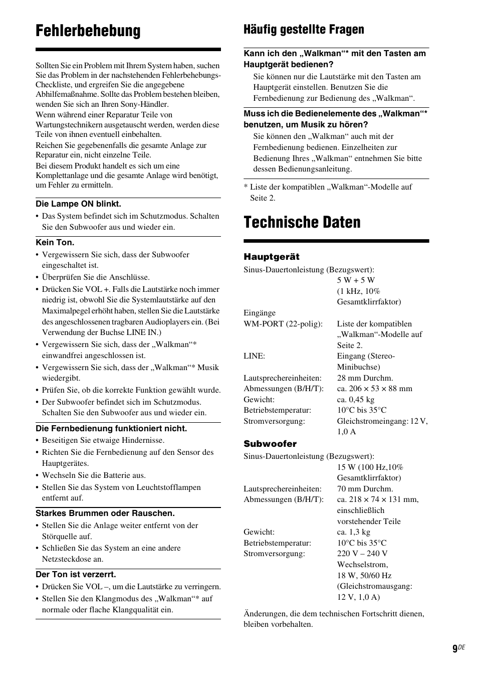 Fehlerbehebung, Technische daten, Häufig gestellte fragen | Sony CPF-NW001 User Manual | Page 33 / 100