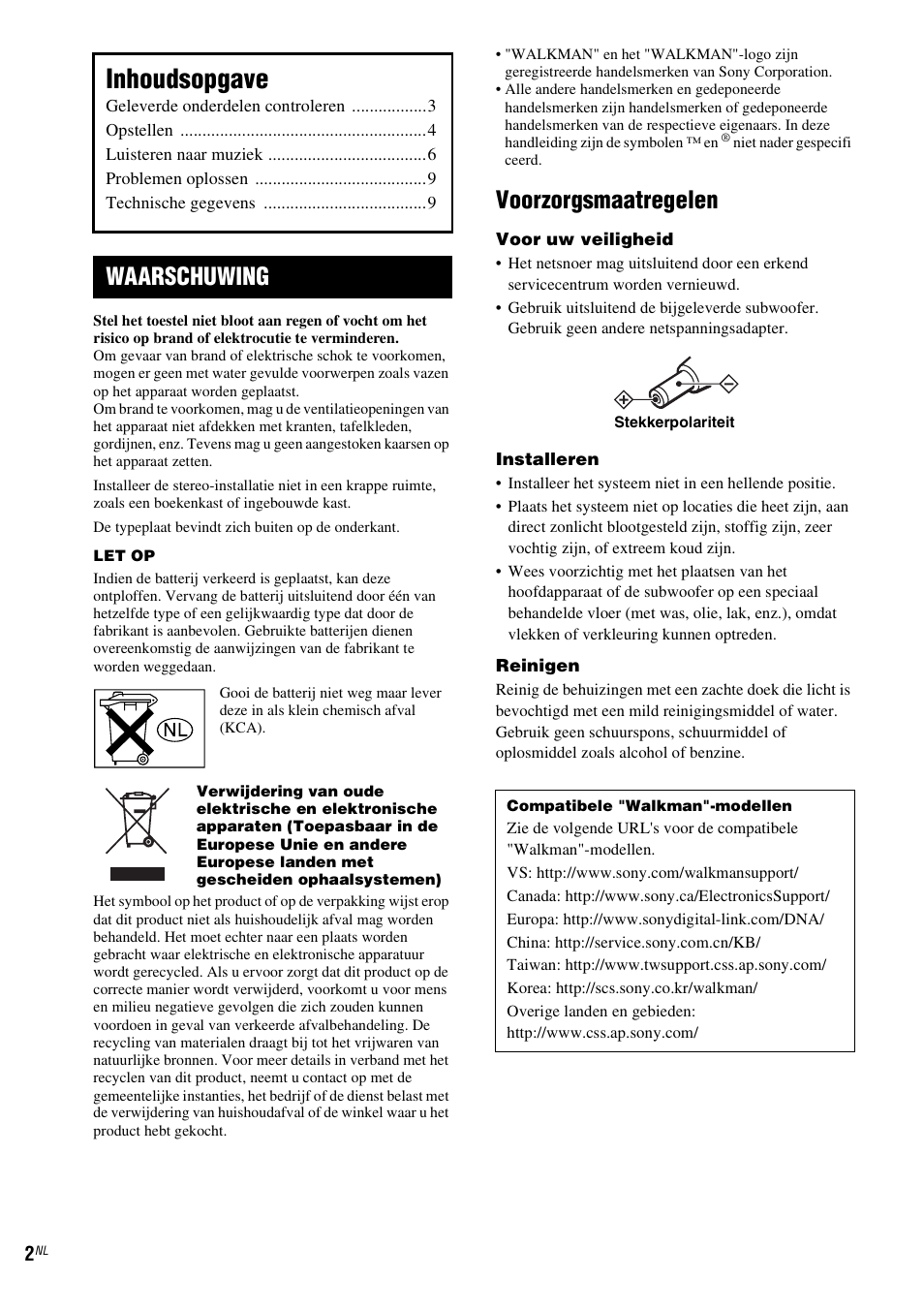 Inhoudsopgave, Voorzorgsmaatregelen, Waarschuwing | Sony CPF-NW001 User Manual | Page 34 / 100