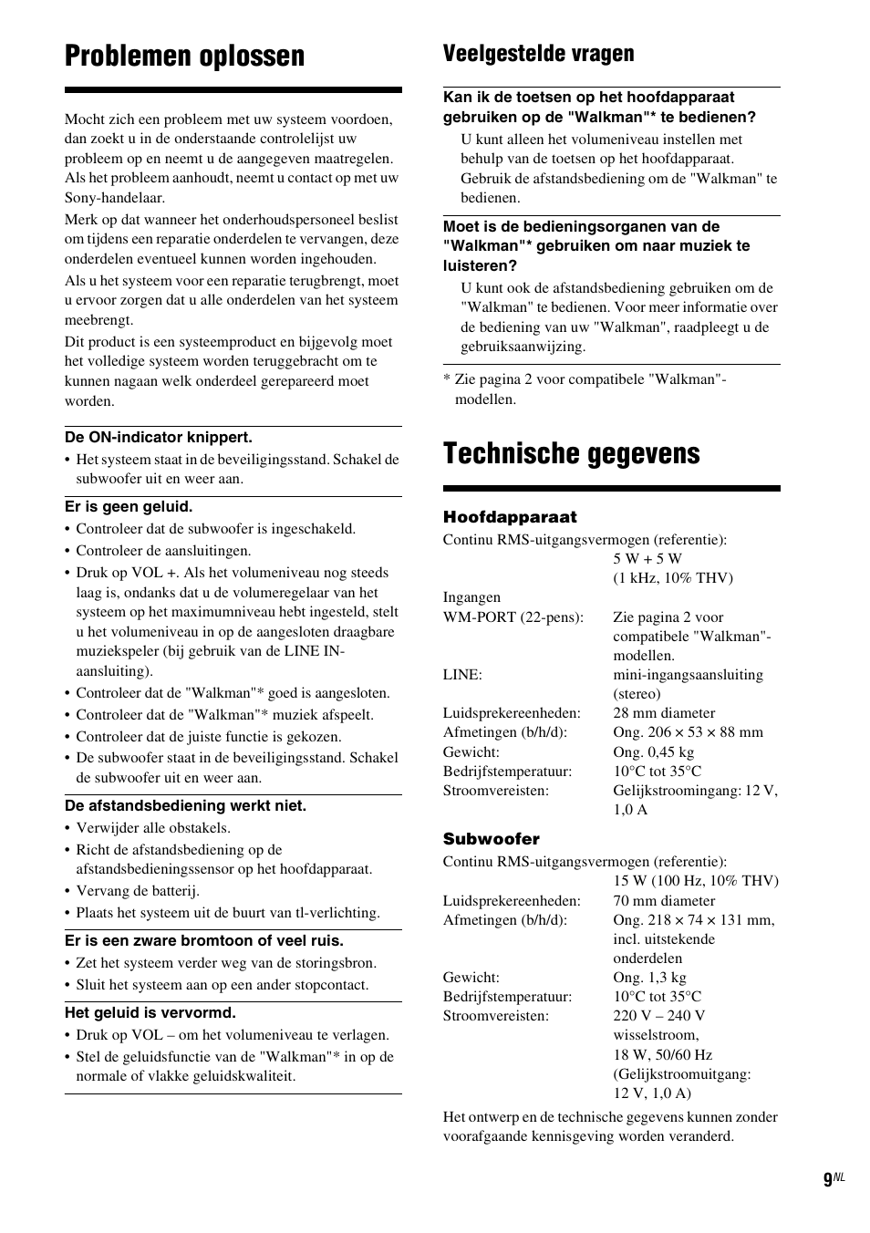 Problemen oplossen, Technische gegevens, Veelgestelde vragen | Sony CPF-NW001 User Manual | Page 41 / 100