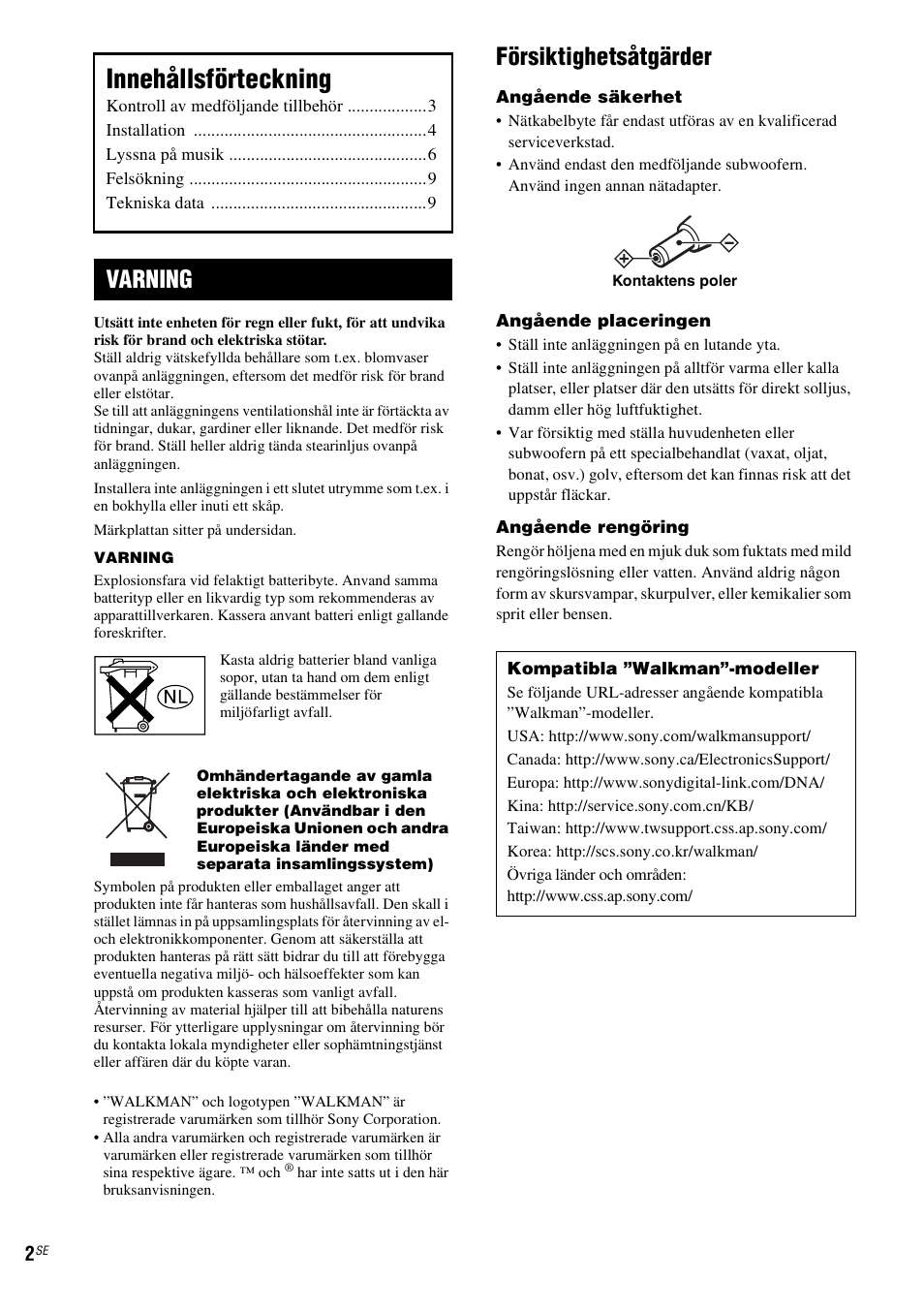 Innehållsförteckning, Försiktighetsåtgärder, Varning | Sony CPF-NW001 User Manual | Page 50 / 100