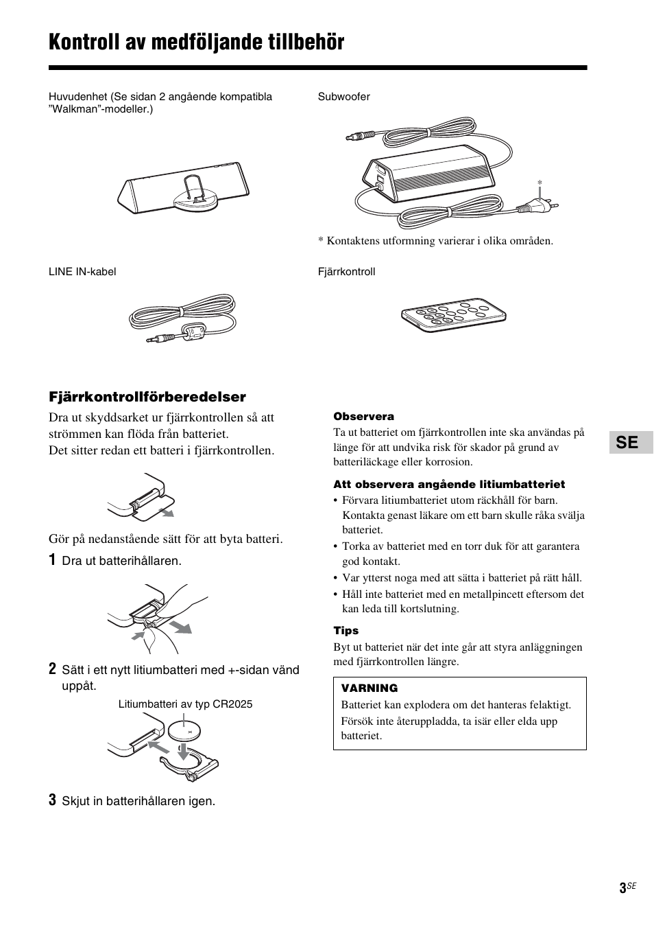 Kontroll av medföljande tillbehör | Sony CPF-NW001 User Manual | Page 51 / 100