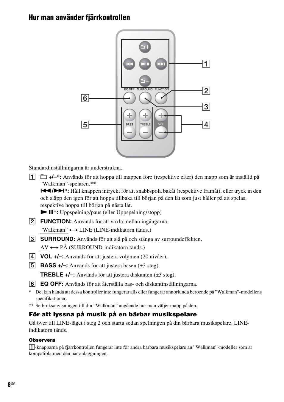 Hur man använder fjärrkontrollen | Sony CPF-NW001 User Manual | Page 56 / 100