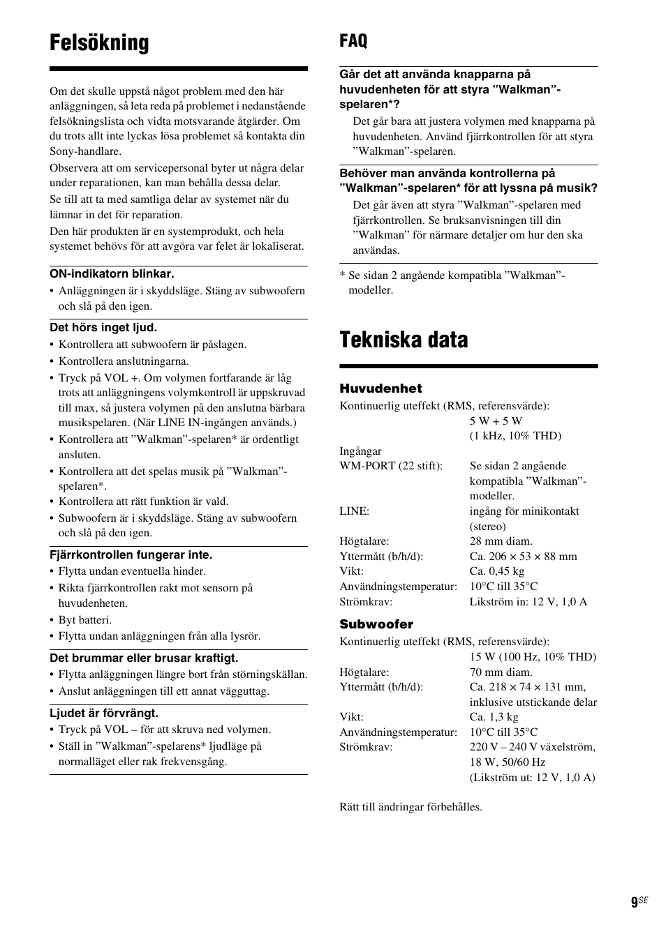 Felsökning, Tekniska data | Sony CPF-NW001 User Manual | Page 57 / 100