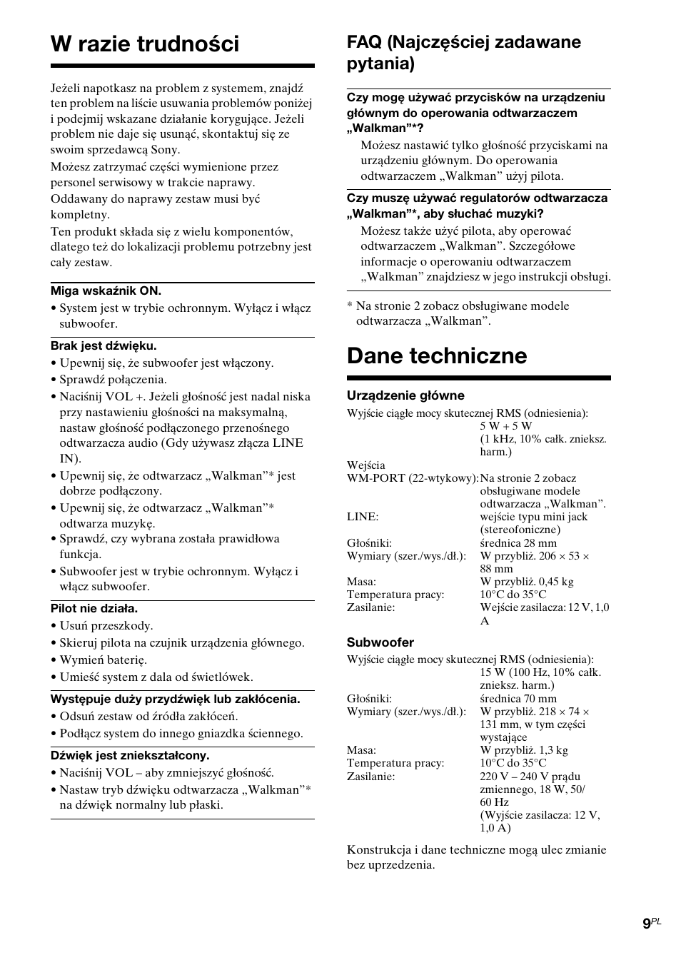 W razie trudności, Dane techniczne, W razie trudności dane techniczne | Faq (najczęściej zadawane pytania) | Sony CPF-NW001 User Manual | Page 65 / 100