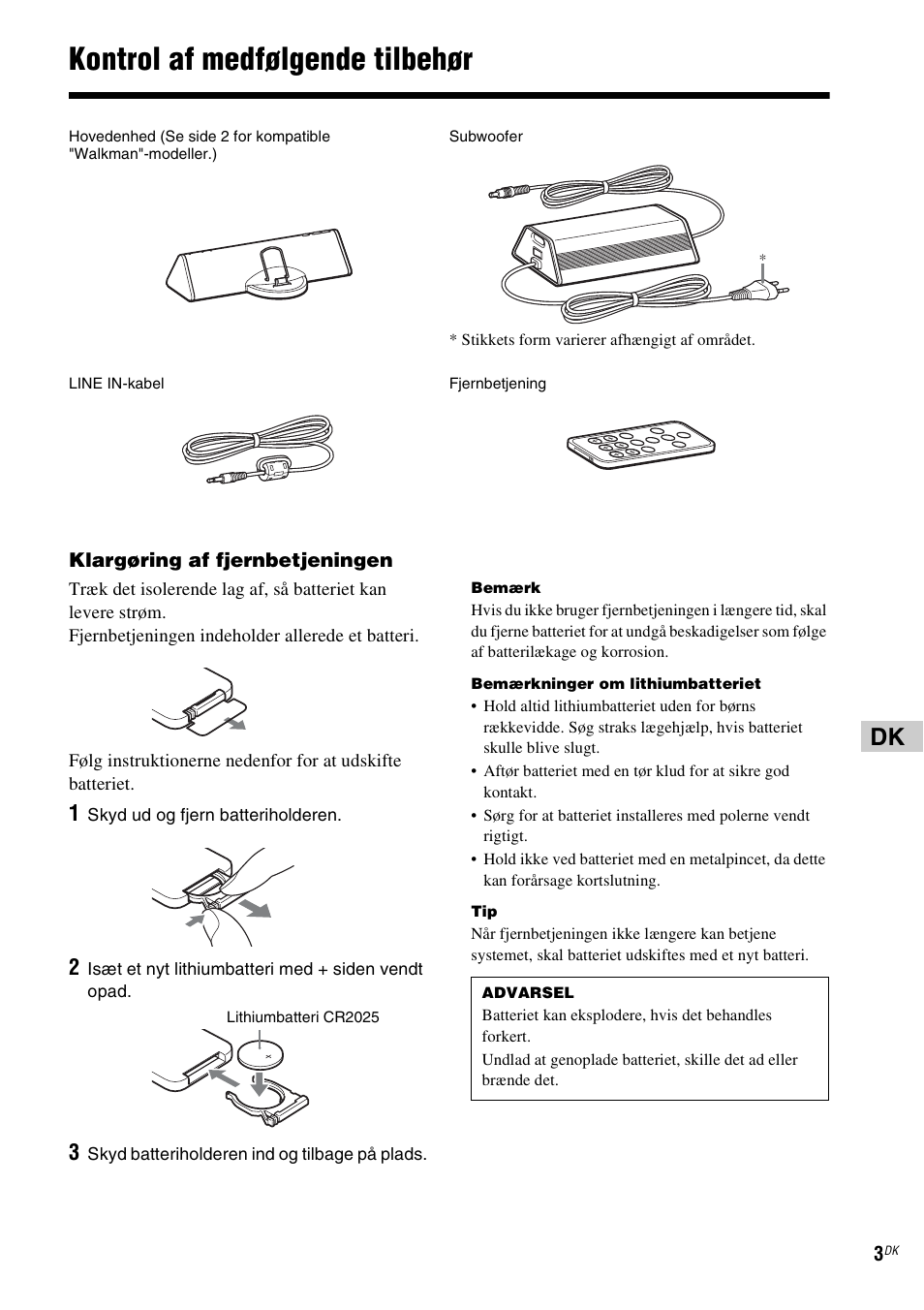 Kontrol af medfølgende tilbehør | Sony CPF-NW001 User Manual | Page 67 / 100