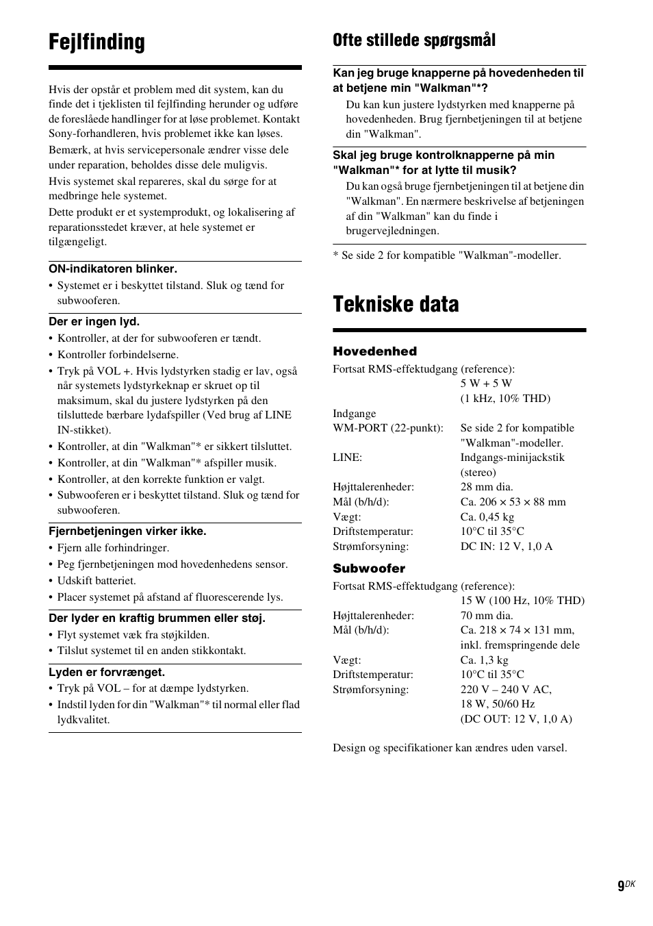 Fejlfinding, Tekniske data, Ofte stillede spørgsmål | Sony CPF-NW001 User Manual | Page 73 / 100