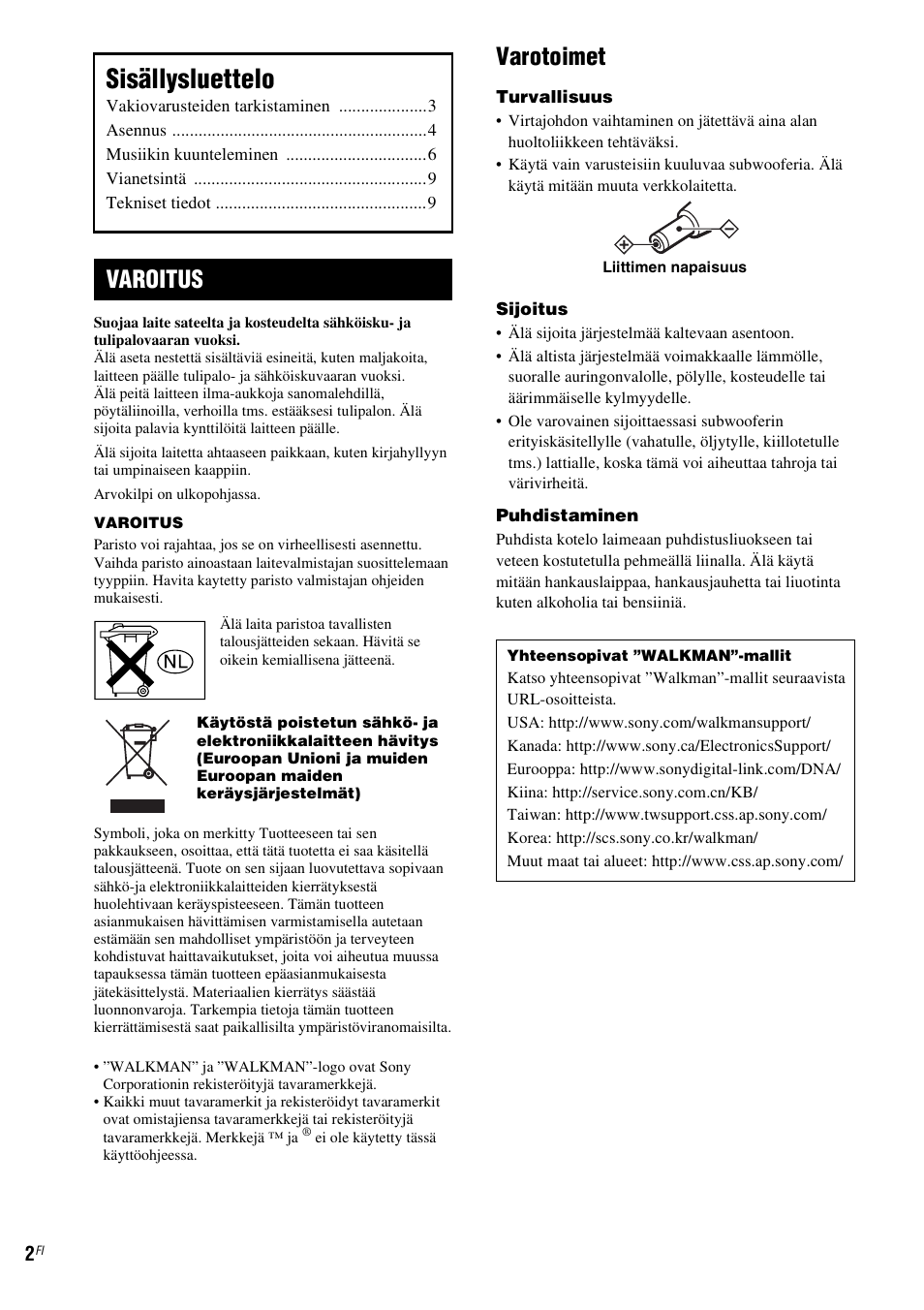 Sisällysluettelo, Varotoimet, Varoitus | Sony CPF-NW001 User Manual | Page 74 / 100