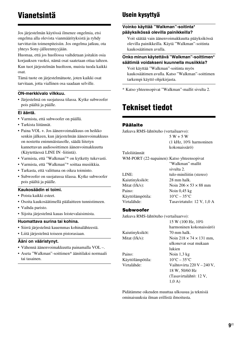 Vianetsintä, Tekniset tiedot, Usein kysyttyä | Sony CPF-NW001 User Manual | Page 81 / 100