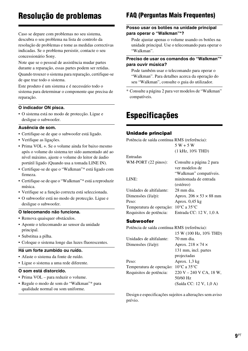 Resolução de problemas, Especificações, Faq (perguntas mais frequentes) | Sony CPF-NW001 User Manual | Page 89 / 100